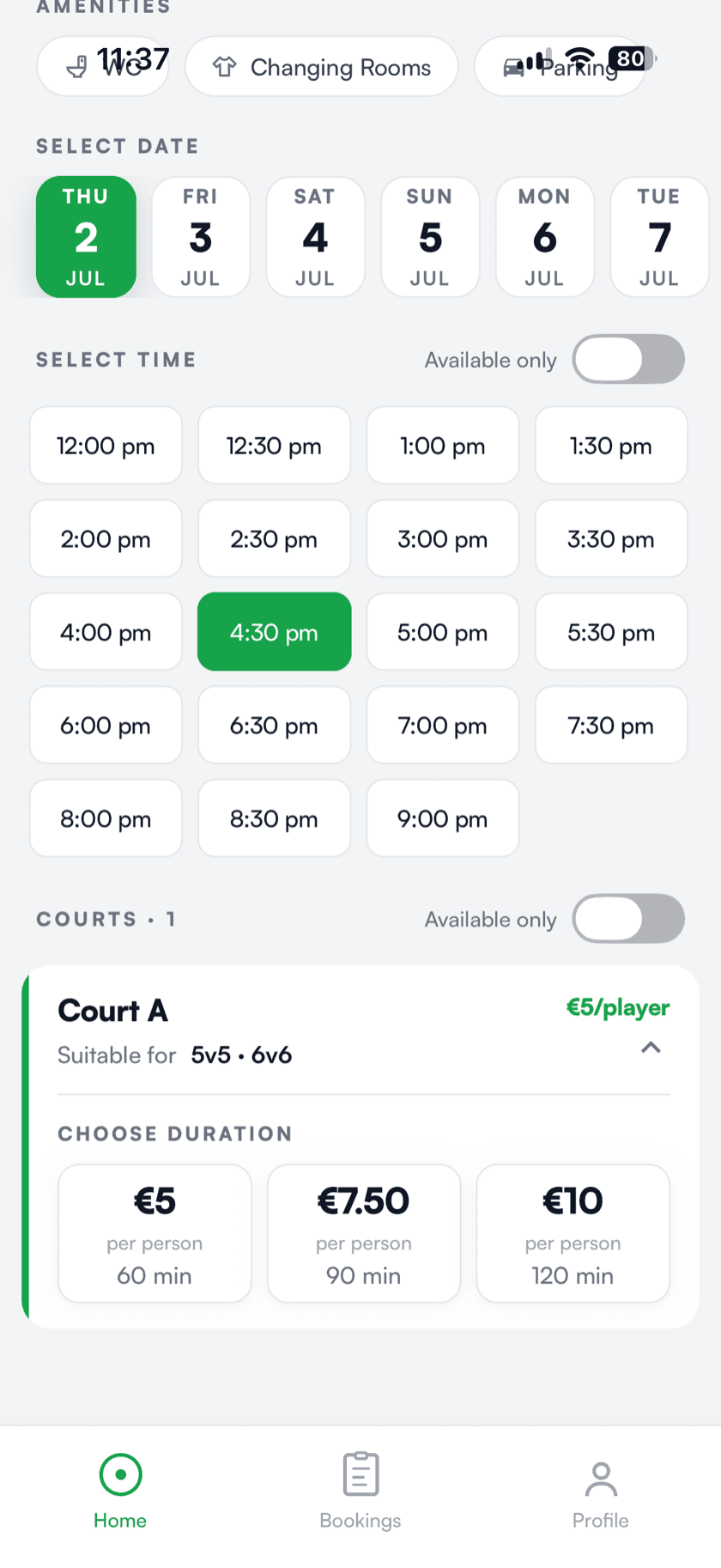 BookThe90 booking screen with date picker, time slot grid and duration options priced per player