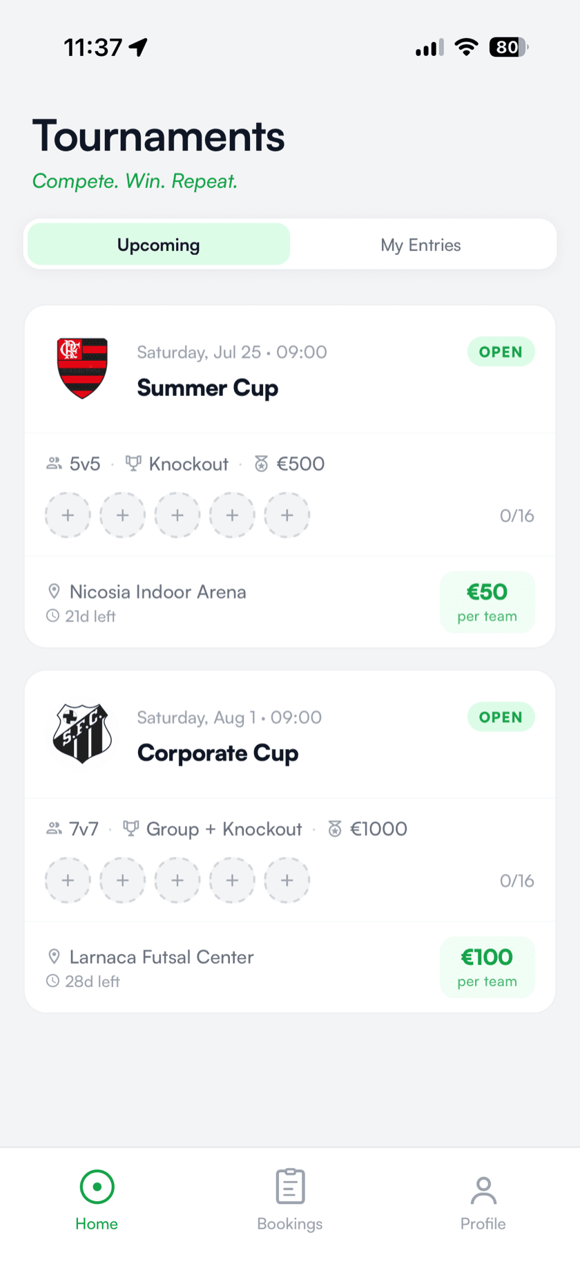 BookThe90 tournaments screen listing the Summer Cup and Corporate Cup with formats, entry fees and prize pools